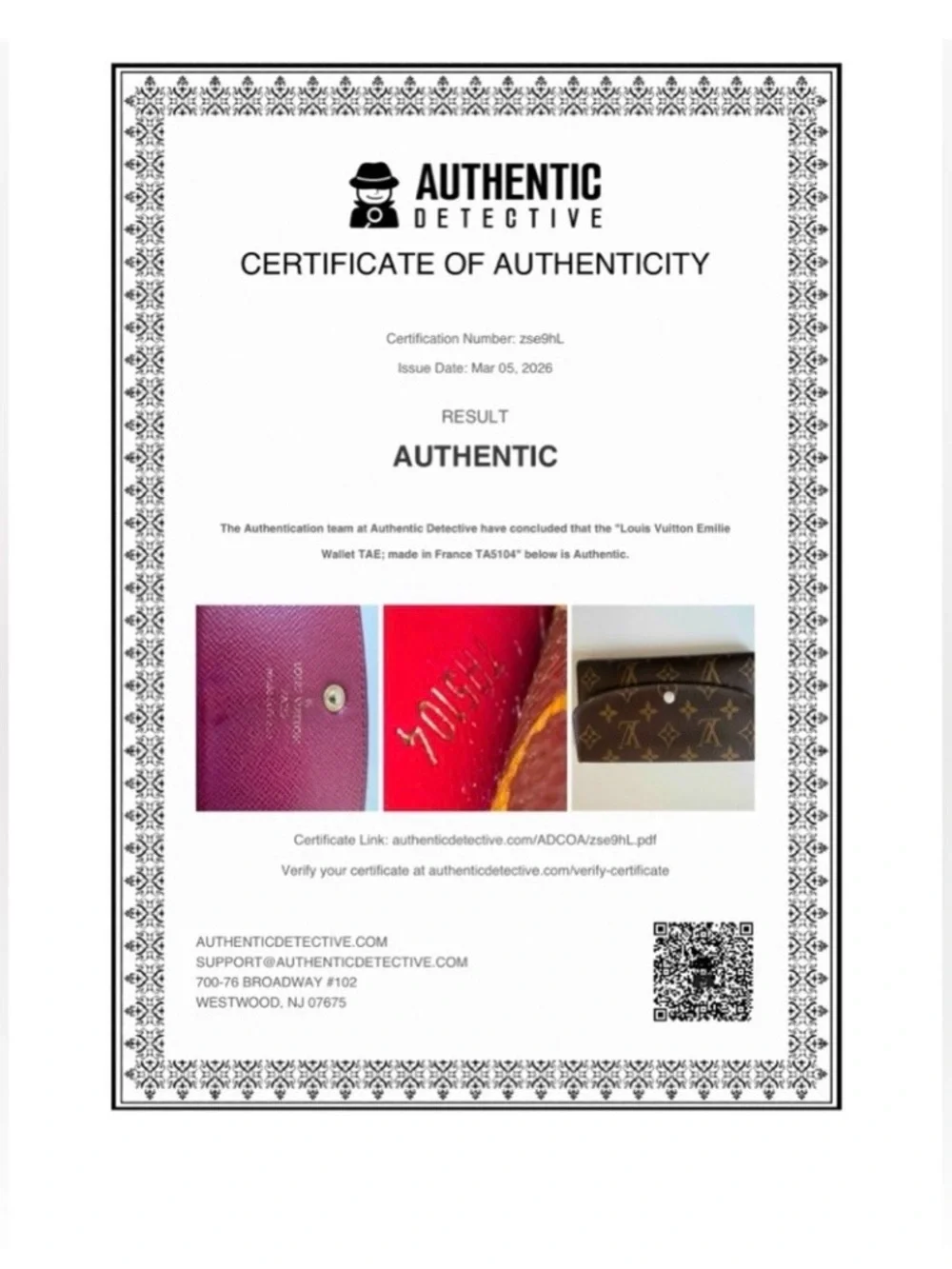 Louis Vuitton Monogram Emilie Wallet/Rasberry Interior with COA